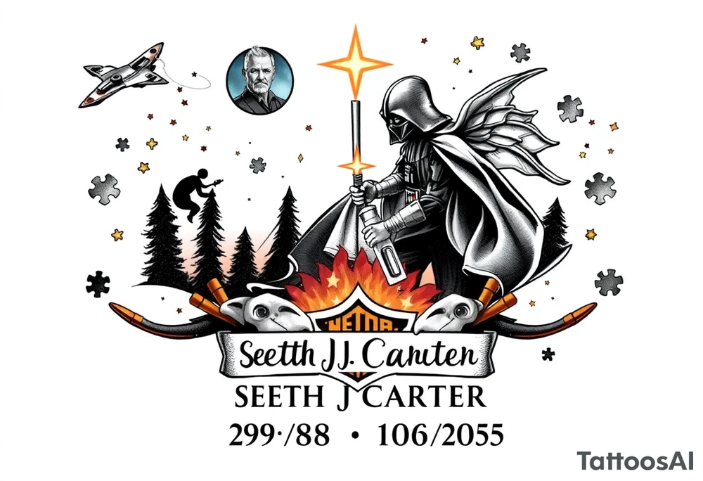 memorial, futuristic, star wars, space, skateboarding, camping, puzzle pieces, video games, heaven, god, outdoors, bullets, Harley Davidson, 
Seth J. Carter AKA "Darth Carter"
12/29/88-01/06/2025 tattoo idea