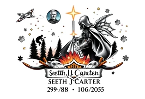 memorial, futuristic, star wars, space, skateboarding, camping, puzzle pieces, video games, heaven, god, outdoors, bullets, Harley Davidson, 
Seth J. Carter AKA "Darth Carter"
12/29/88-01/06/2025 tattoo idea