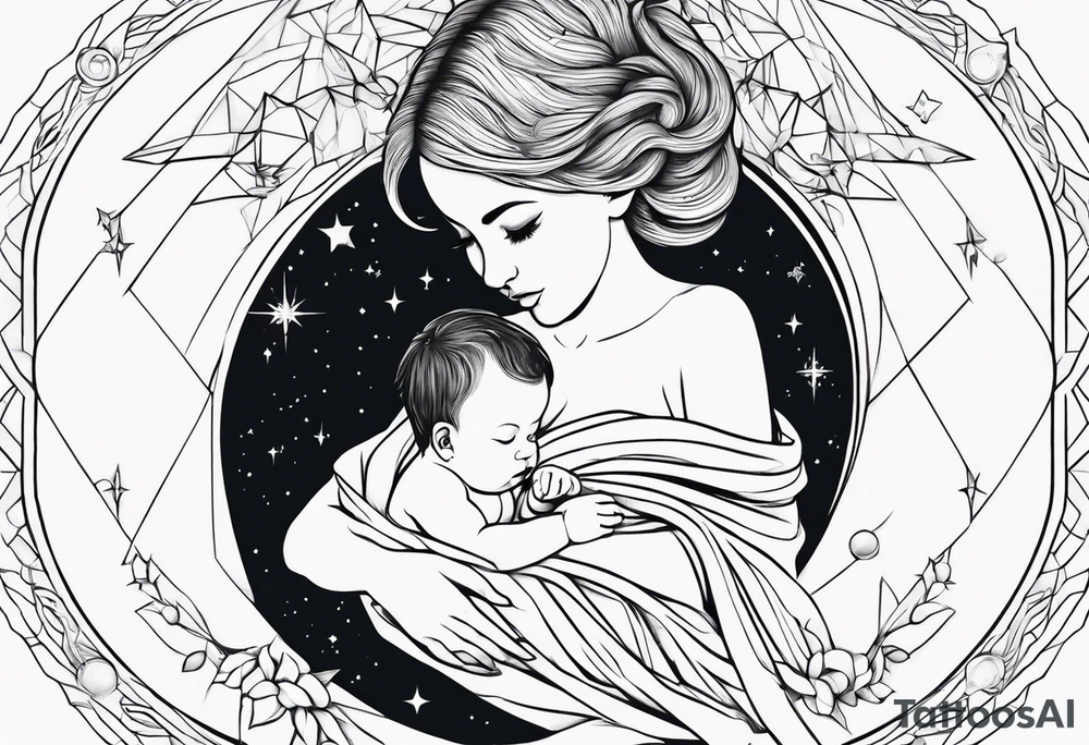 Design a tattoo representing birth of a baby boy connected to universe tattoo idea