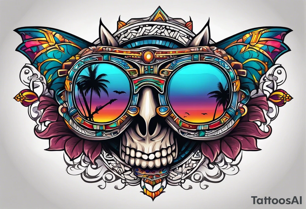 Colorful Mayan sunglasses reflecting water and bats tattoo idea