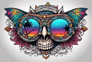 Colorful Mayan sunglasses reflecting water and bats tattoo idea