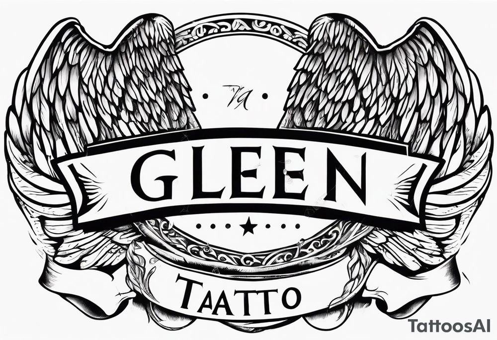 A simple tattoo with the word Glenn on a banner with angel Wings tattoo idea