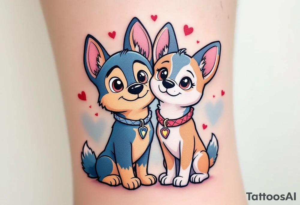 Chase and Skye standing side by side, with their paws intertwined in a symbol of teamwork. The background has a light sky blue and soft pink gradient with subtle hearts floating around them. tattoo idea