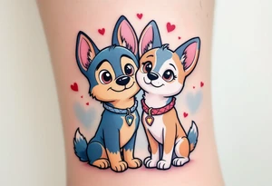 Chase and Skye standing side by side, with their paws intertwined in a symbol of teamwork. The background has a light sky blue and soft pink gradient with subtle hearts floating around them. tattoo idea