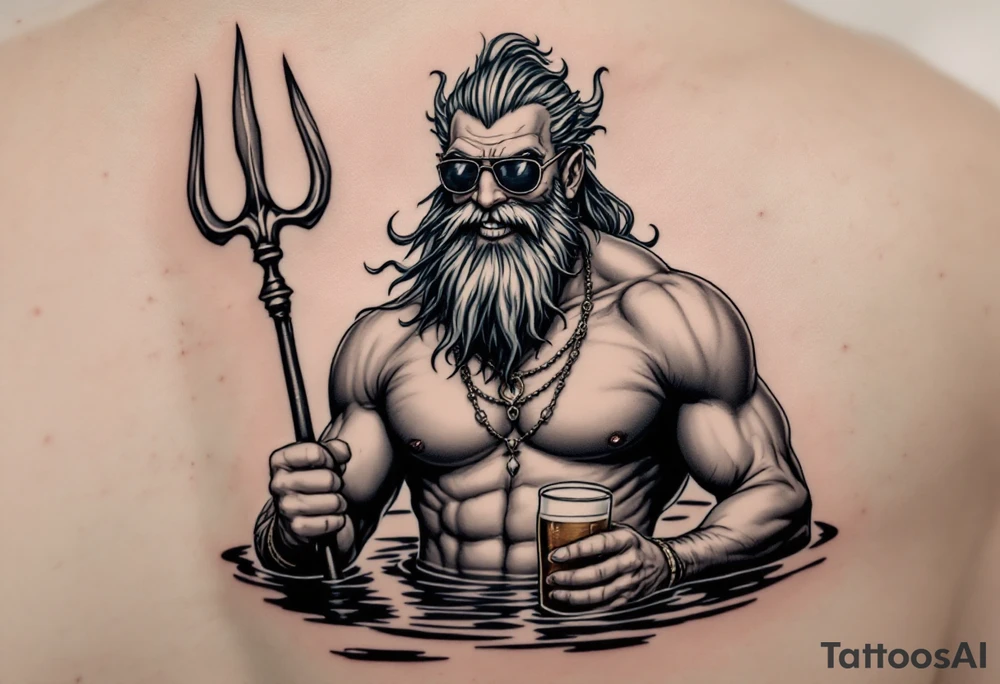 smiling, fit poseidon, with a trident, in calm water, holding a beer, with sunglasses tattoo idea