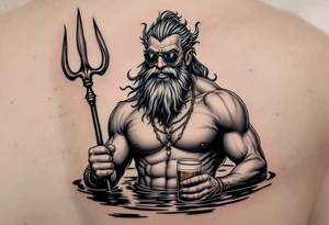 smiling, fit poseidon, with a trident, in calm water, holding a beer, with sunglasses tattoo idea