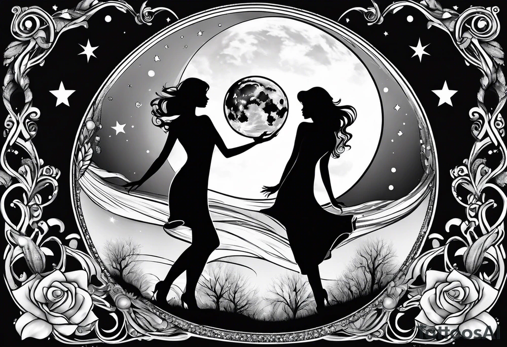 crystal ball that shows three women in silhouette dancing underneath a full moon tattoo idea