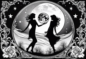 crystal ball that shows three women in silhouette dancing underneath a full moon tattoo idea