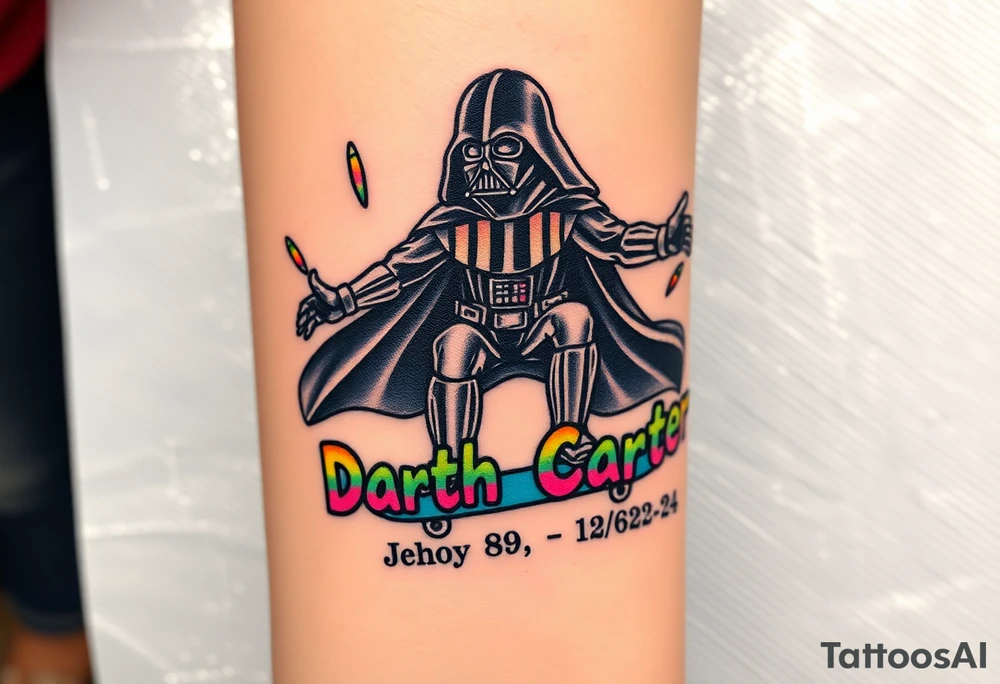 Darth Vader skateboarding > bullets > in loving memory
colorful
skateboard words "Darth Carter"
add date 12/29/88-01/06/24 tattoo idea