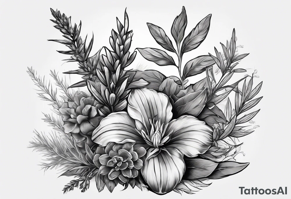 the flowers only of sage, sweetgrass, cedar and tobacco plants, enlarged so that they cap a shoulder and flow down the bicep, be realistic tattoo idea