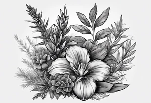 the flowers only of sage, sweetgrass, cedar and tobacco plants, enlarged so that they cap a shoulder and flow down the bicep, be realistic tattoo idea