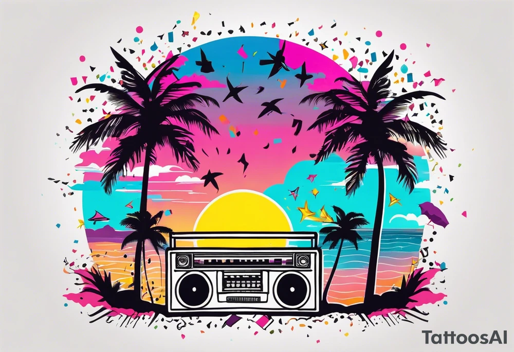 1980's miami vice style beach dance 
party, include confetti, music notes, boom box, SILHOUETTE bikinis sunset in the center tattoo idea