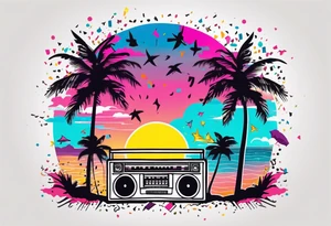 1980's miami vice style beach dance 
party, include confetti, music notes, boom box, SILHOUETTE bikinis sunset in the center tattoo idea