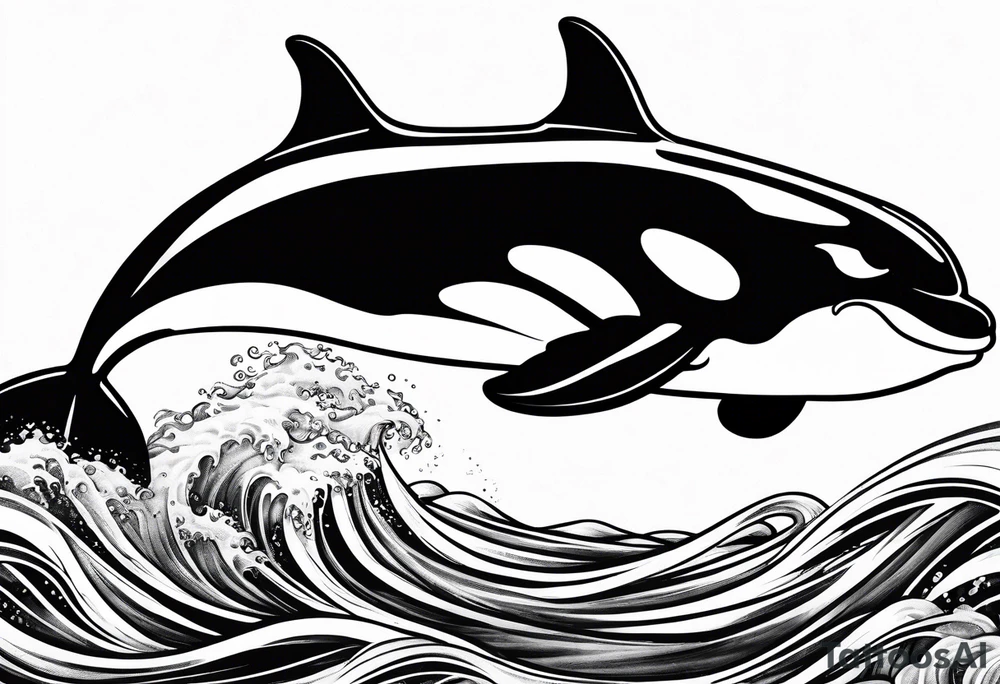 transient orca, Japanese realism, flowing, waves and kelp highlights tattoo idea