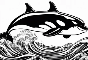 transient orca, Japanese realism, flowing, waves and kelp highlights tattoo idea