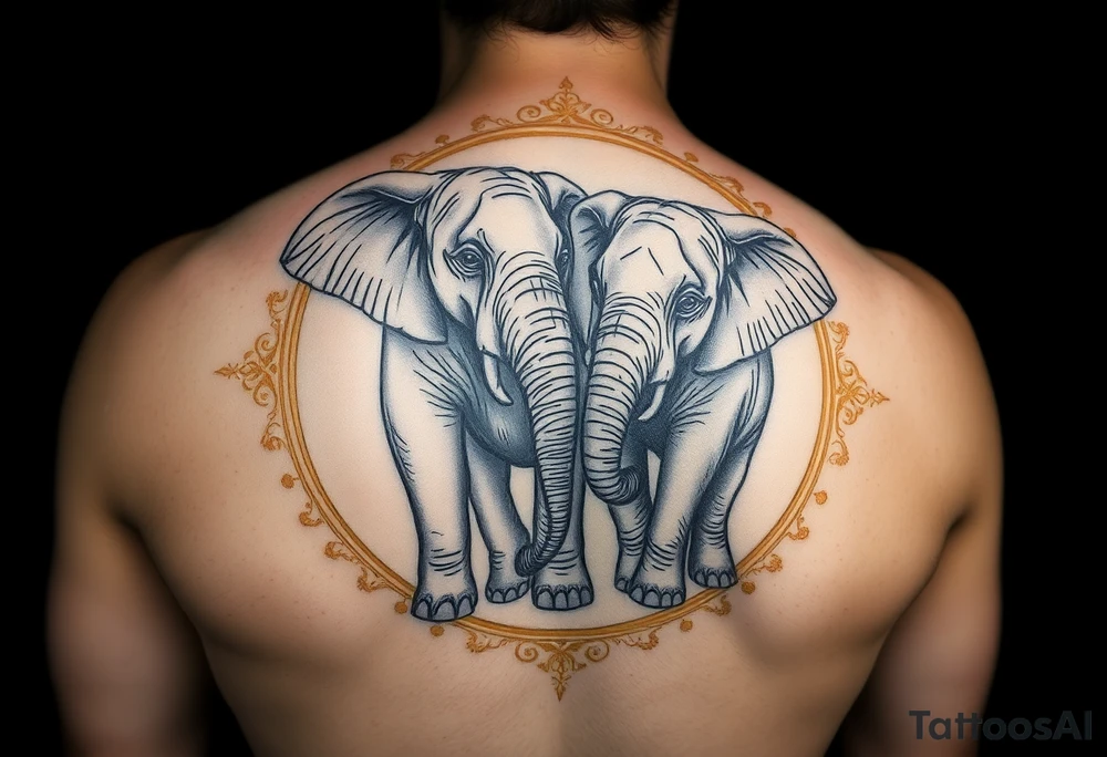 couple of elphants, a mother and a child
 facing foward tangling their trunks
sorrounded by a golden  art frame with beautiful design tattoo idea