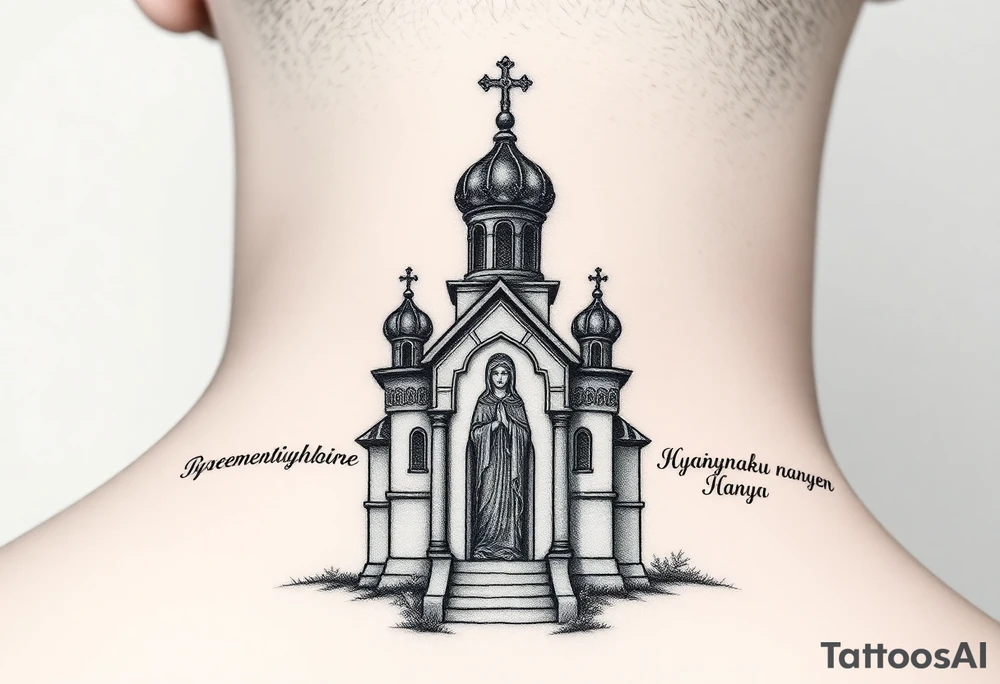 rusian orthodox domes church with a virgin mary in a russian rural village with Church Slavonic script or Cyrillic text — a prayer or meaningful phrase running along the sides tattoo idea
