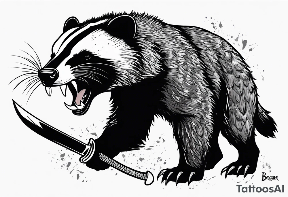 Draw me psychopath Fearless Honey Badger/Berserker with aggressive full body, killer face with a scary smile, very long nails and he attacks like a Bloody Assassin/Warrior/Gladiator to us and also, he has very deadly looking. He fights with his nails only. Everybody scares after their first sight. Give me horror type Badger Tattoo. I want to see his Realistic full body with no weapons. You can show destruction at the back. tattoo idea