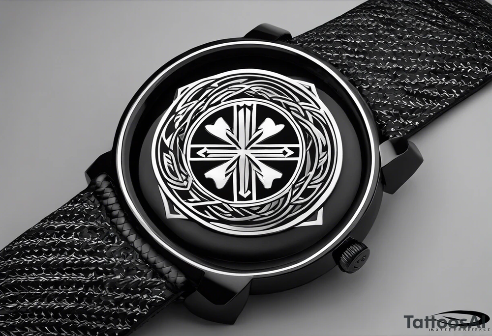 "Design Concept: Brotherhood Bond - A tattoo symbolizing the unbreakable bond between three brothers. Central symbol: Interlocking circles/arrows. Incorporated elements: Birth years integrated subtly, sticker sleeve influence. Placement: Arm wrap. Style: Bold black and white. Symbolic meaning: Unity and shared experiences. tattoo idea