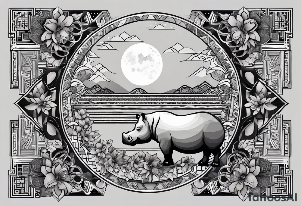 Very asymmetrical, +geometric pattern, with realistic full moon, with hippo,+tribal, +geometric, +inkart , +blackwork, +grey scale, + sketch
with wintersweet flower bud, +inkart touch, +for men, detailed , combined favourite , tattoo idea