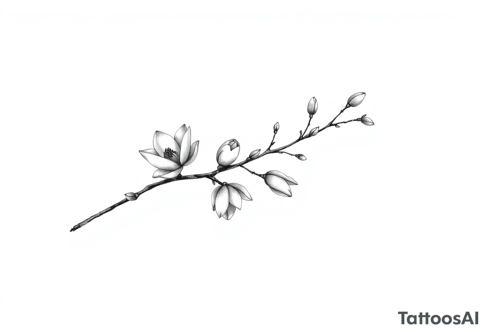 Magnolia branch long with different small almost closed flowers, with botanical details and dots tattoo idea