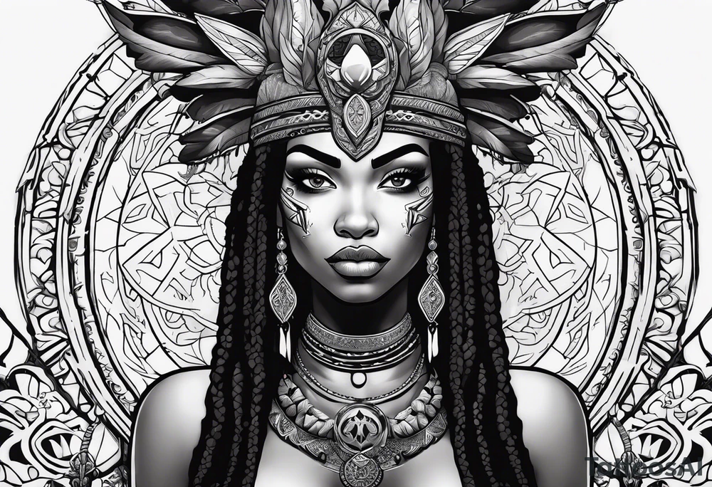 valkrye, kali, pirate, african goddess, , warrior, native american, lotus, zenza resonance, skulls, dragon, pachamama, left side face, chest, right wing, tattoo idea