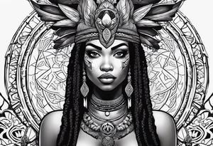 valkrye, kali, pirate, african goddess, , warrior, native american, lotus, zenza resonance, skulls, dragon, pachamama, left side face, chest, right wing, tattoo idea