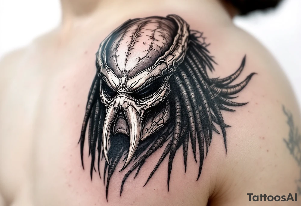 Tracker Predator – A bestial, primal version of the Predator from Predators (2010), featuring deep brown and gray reptilian skin, minimal armor, and three mechanical, tusk-like mandibles on its mask. Uses a hunting beast instead of technology. tattoo idea