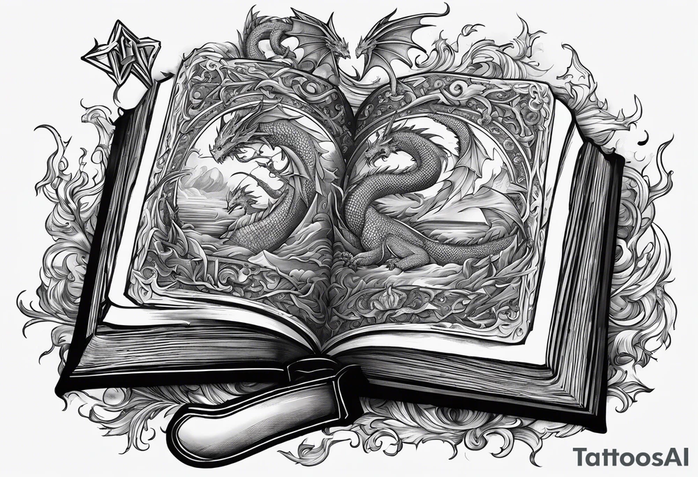 an empty open book with a sword through it, dragons and sparks surrounding the book. small design tattoo idea
