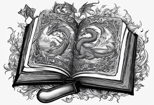an empty open book with a sword through it, dragons and sparks surrounding the book. small design tattoo idea