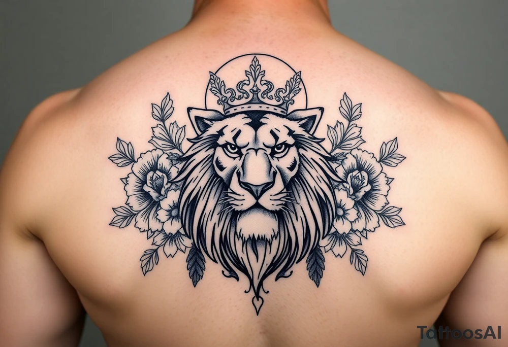 powerful majestic lion with a crown, surrounded by floral ornaments and moon tattoo idea