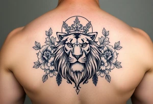 powerful majestic lion with a crown, surrounded by floral ornaments and moon tattoo idea