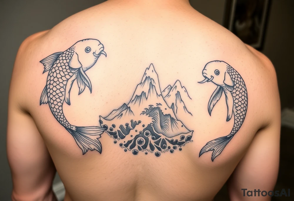 Koi fish and elephants with a wave design and underwater mountains tattoo idea
