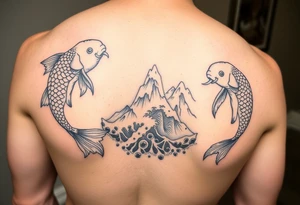 Koi fish and elephants with a wave design and underwater mountains tattoo idea