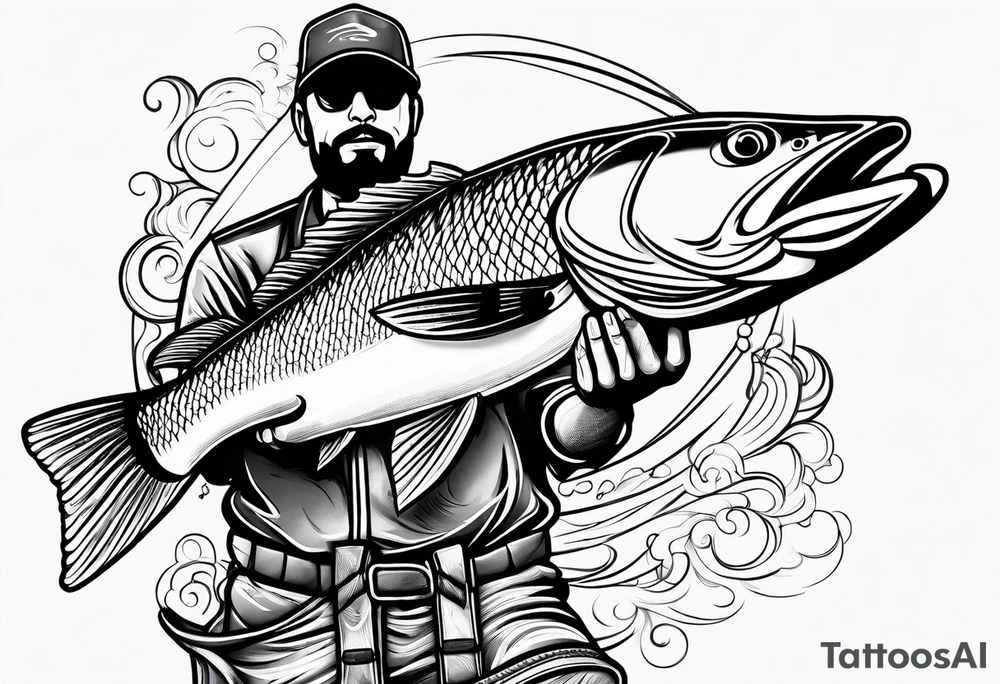 fisherman standing full body simple outline tattoo idea