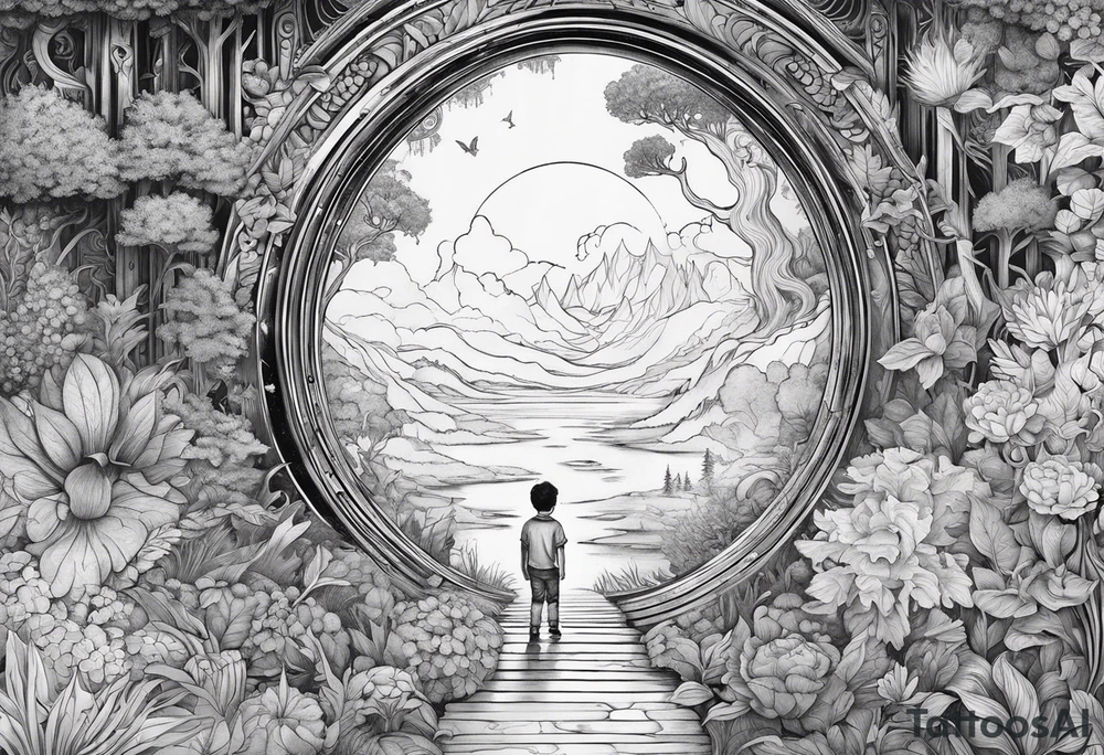 a small boy entering a portal to a fantasy world filled with nature tattoo idea