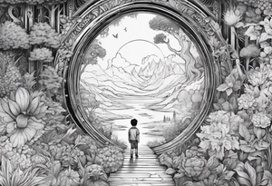 a small boy entering a portal to a fantasy world filled with nature tattoo idea