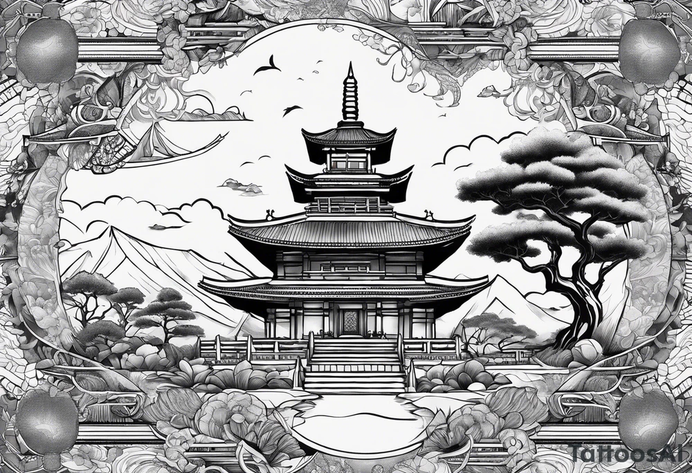 The background of the tattoo as a world map with a small buddhist shrine at the bottom for the back of a forearm tattoo idea