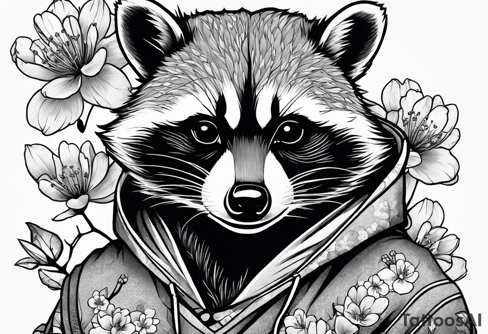 Raccoon wearing a Superman hoodie and Japanese cherry blossoms tattoo idea