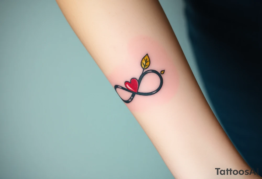 A infinity symbol adorned with golden leaves and a tiny red heart tattoo idea