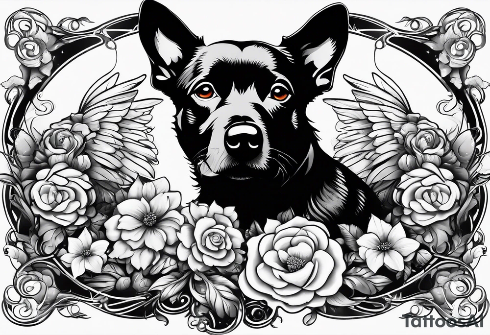 Black dog guarding human infants (the infants are angels) tattoo idea