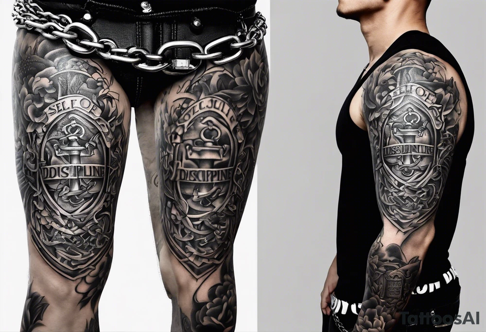 Tattoo of the word 'Self discipline' tied on both ends with metal chains and connected in the middle with a lock tattoo idea
