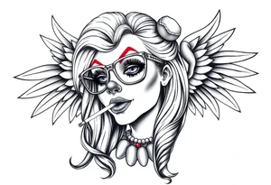 beautiful long hair pin up Clown Girl payasa  thug eyeglasses  angelic wings smoking a cigarette tattoo idea