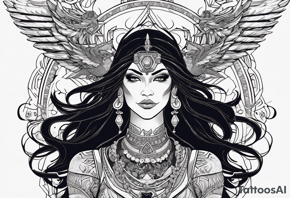 black kali, goddess pirate, alien, angel, pachamama, valkrye, warrior, flying, skull, lotus azul, wing, eagle, zenza resonance, stars, 5D, anahata chakra, death, durga, riding on a tiger, flying lady tattoo idea