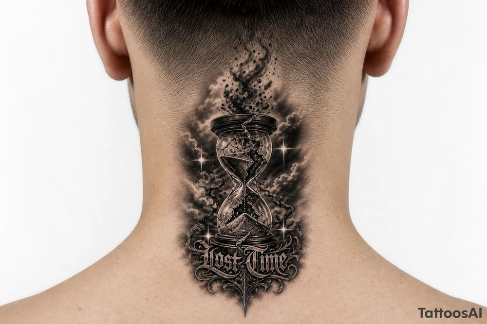 Black and grey realism tattoo design of a cracked, shattered hourglass centered in dark heavy clouds. Sand and dark smoke floating upward out of the glass. Custom gothic script lettering that says "Lost Time" wrapped around the base. Chicano style shading, deep blackwork background, sharp 4-point sparkle stars, high contrast, clean white background, tattoo stencil style. Put on the throat not the back of neck tattoo idea