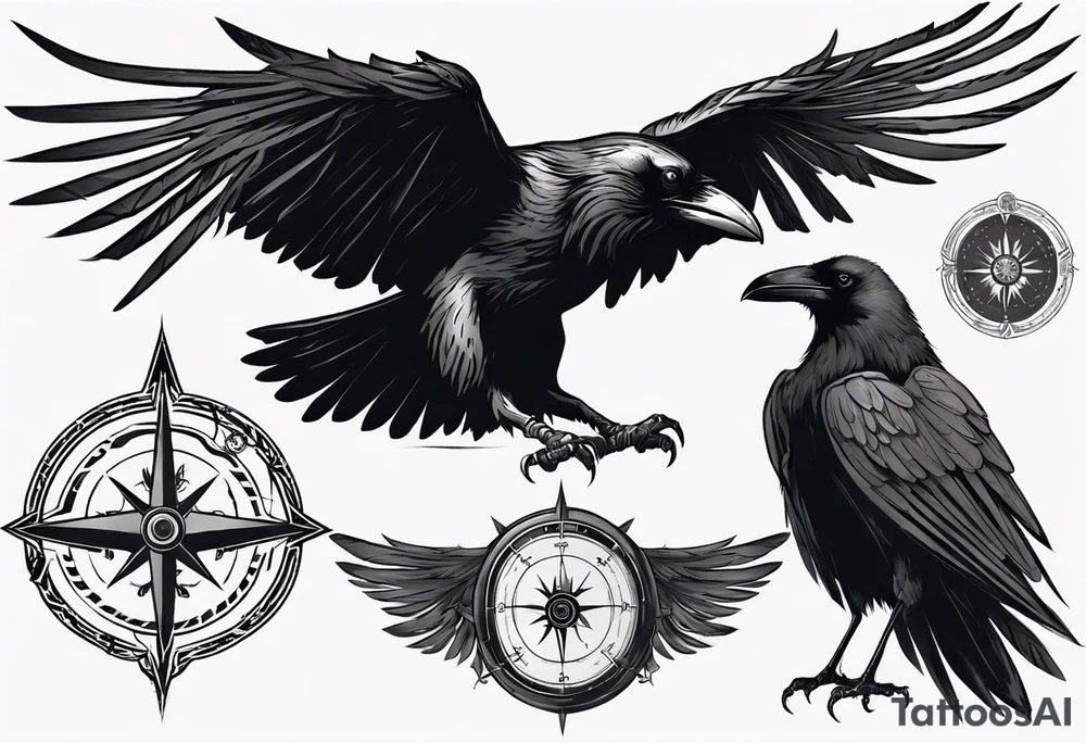 black raven with wings spread in the foreground with a viking compass in the background tattoo idea