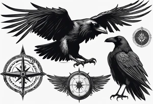 black raven with wings spread in the foreground with a viking compass in the background tattoo idea