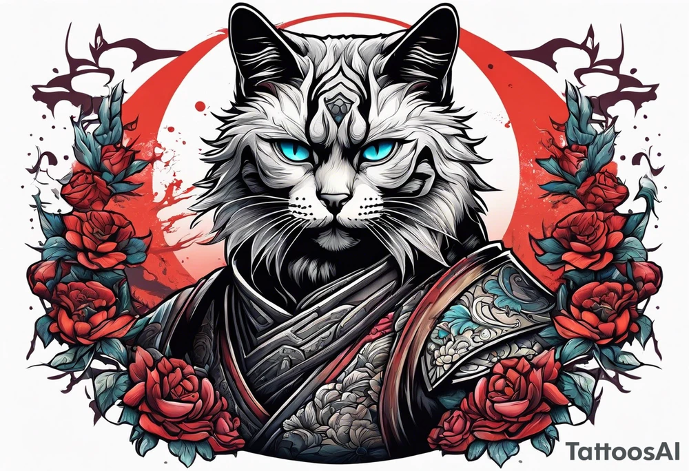 A siamese samurai cat killing a zombie tattoo idea