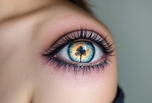 A hyper-realistic eye tattoo with a tiny tree reflection, detailed in deep green, honey brown, and icy blue hues, creating a surreal effect. tattoo idea