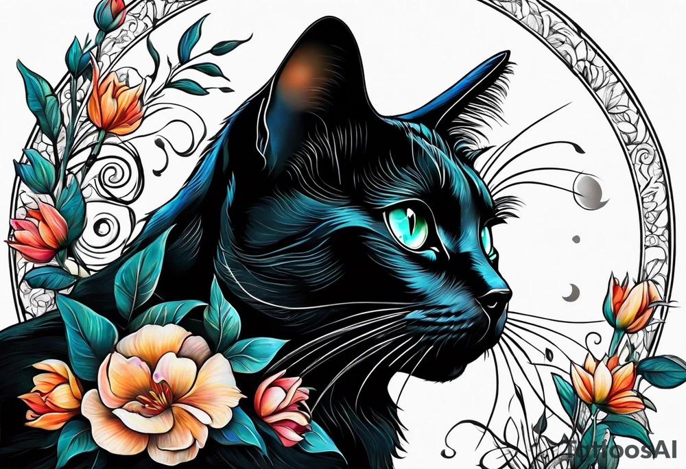 Photo realistic black cat with moon and flowers tattoo idea